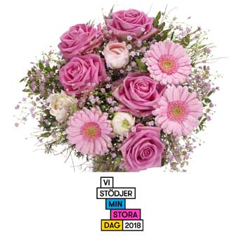 Bukett med rosa rosor, rosa gerberas, småblommigt vitt och grönt. Buketten ingår i Euroflorists utbud av blombuketter. Skicka den med ett blomsterbud och sprid glädje!