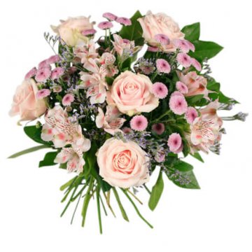 Rosa rosor, rosa småblommor och grönt - en superfin, rundbunden bukett från Florister i Sverige.