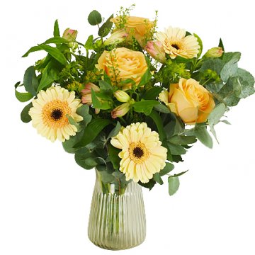 Bukett med blandade blommor i gula nyanser tillsammans med gröna blad. Beställ blommorna online hos Florister i Sverige - skicka dem med bud!