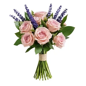 Floristbunden bukett, med rosa rosor och lila snittblommor.